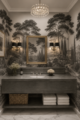 Black and white Italian toile wallpaper in a powder room with stone vanity and brass sconces.