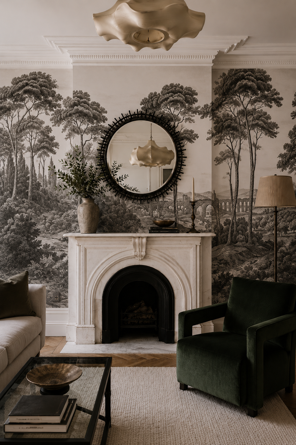 Black and white Italian toile wallpaper around a marble fireplace in a living room.