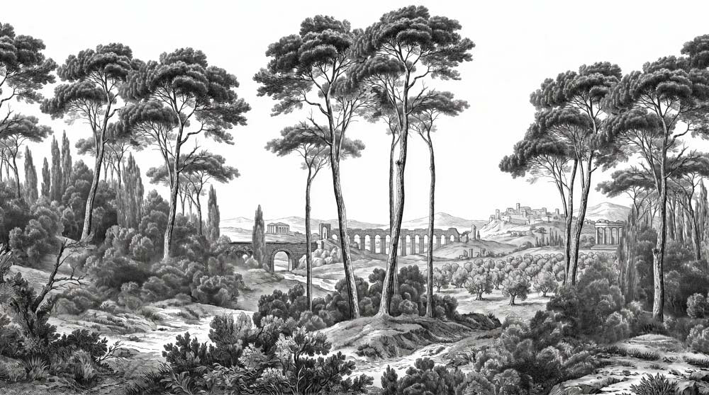 Black and white scenic wallpaper with tall umbrella pines, cypresses and a Roman aqueduct in an engraved Italian landscape.