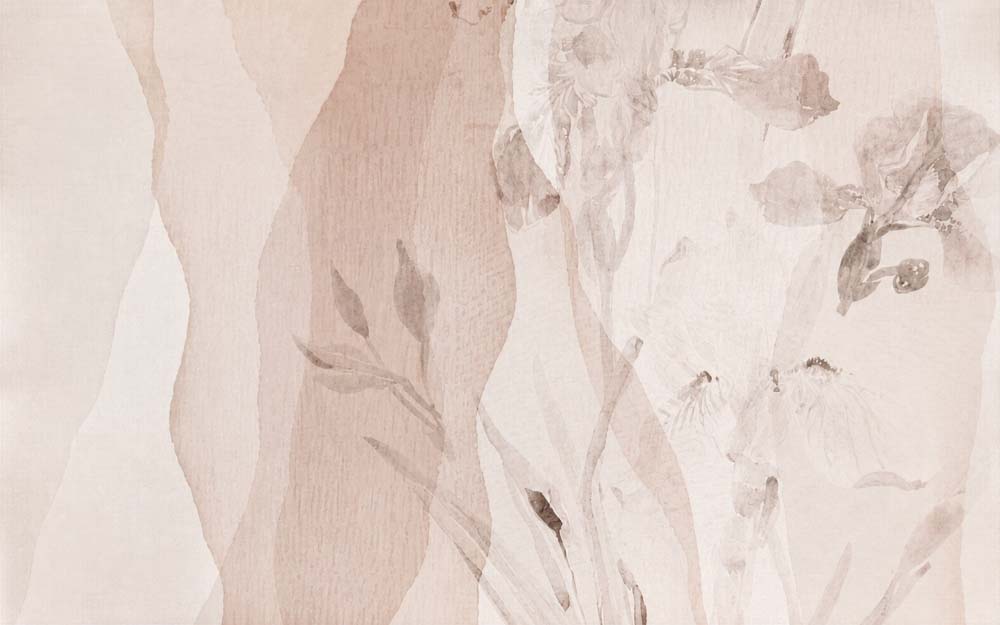 Papier peint botanique abstrait rose pâle – Panoramique vagues douces et feuilles