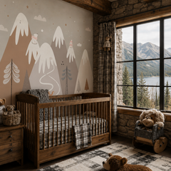 Scandinavian mountain wallpaper displayed in a modern kids room with built-in desk, natural wood furniture and neutral decor.
