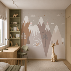 Kids mountain wall mural shown in a cozy bedroom with wooden ceiling, rattan details and warm neutral textiles.