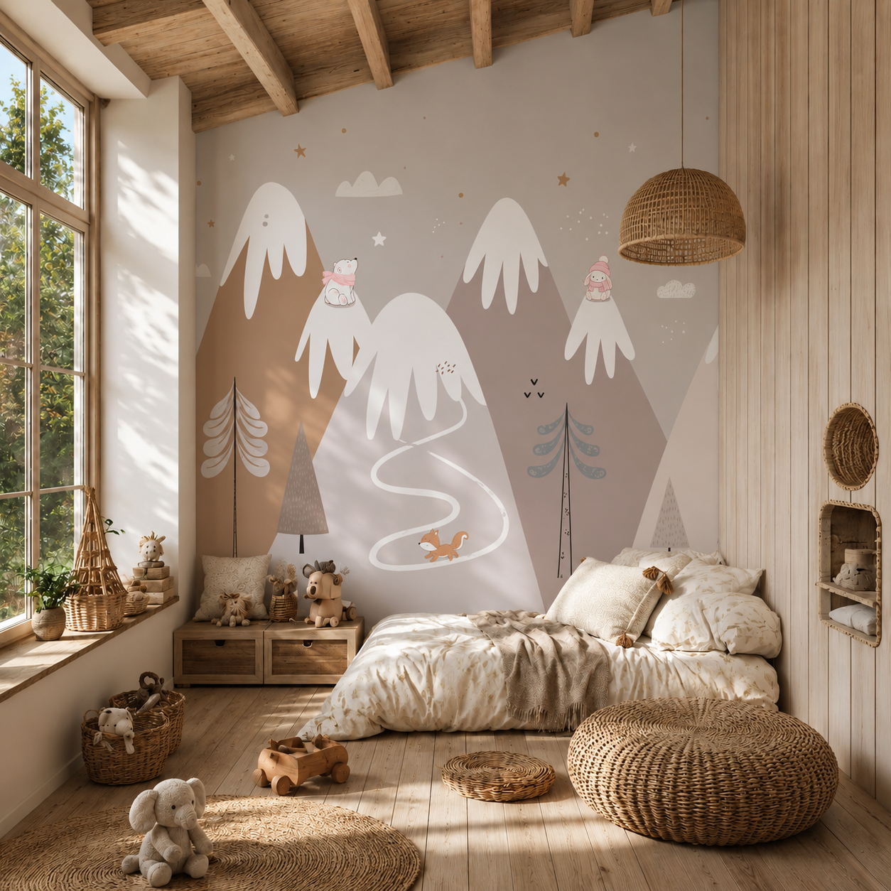 Neutral woodland mountain wallpaper displayed behind a children’s daybed with sage green accents and natural wood furniture.