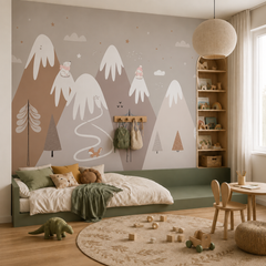 Minimalist mountain wallpaper shown in a warm kids bedroom with soft beige decor, wooden bed and Scandinavian styling.