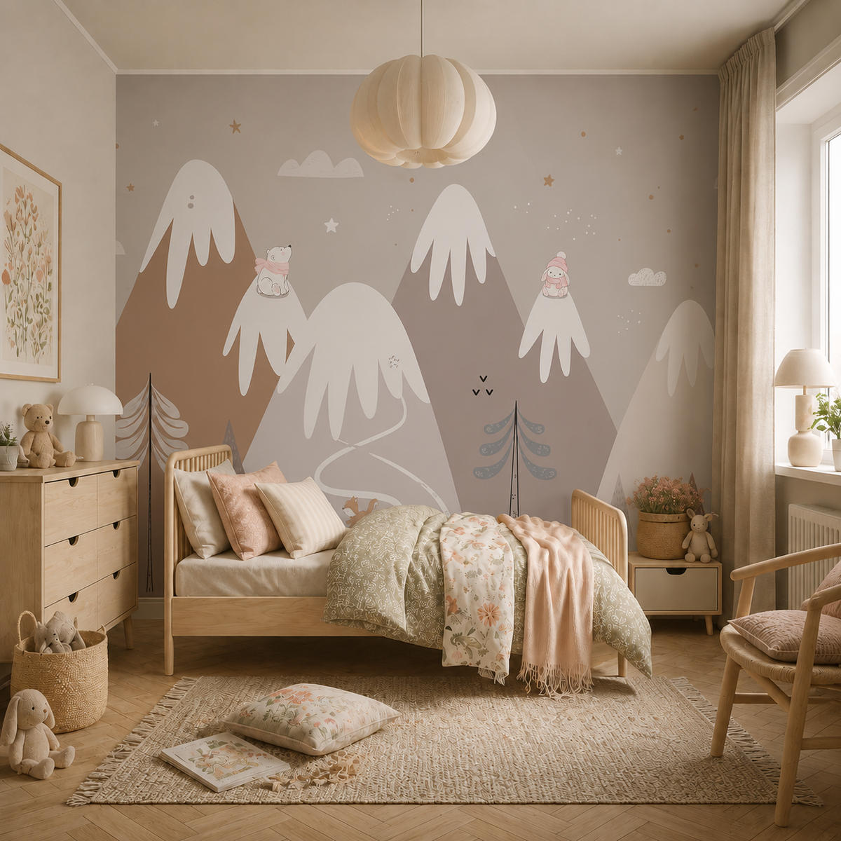Neutral kids mountain wallpaper mural with snowy peaks, forest trees, polar bear, fox, stars, clouds and winding path.