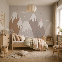 Neutral kids mountain wallpaper mural with snowy peaks, forest trees, polar bear, fox, stars, clouds and winding path.