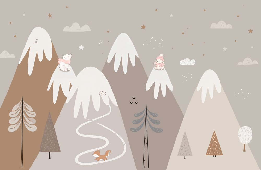 Scandinavian children’s mountain mural with soft beige peaks, snowy tops, trees, polar bear, fox and tiny stars.