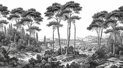 Black and white scenic wallpaper with tall umbrella pines, cypresses and a Roman aqueduct in an engraved Italian landscape.