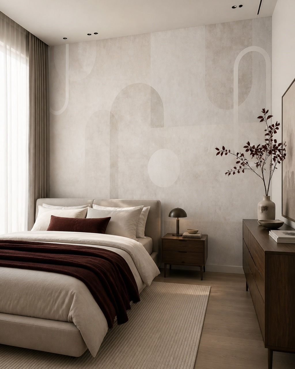 Soft textured abstract wallpaper in a designer bedroom.
