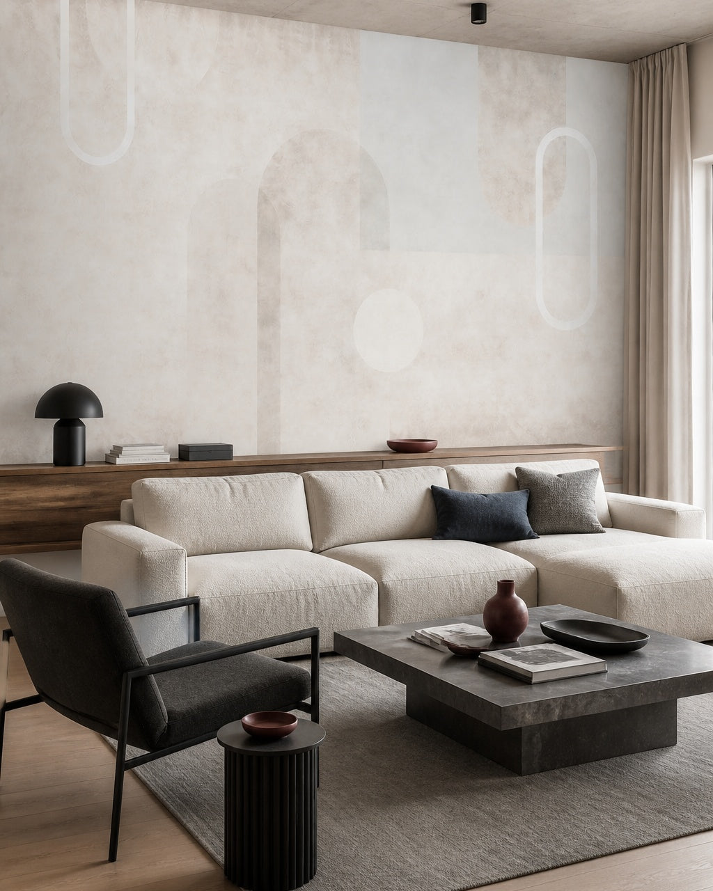 Soft textured abstract wallpaper in a designer living room.