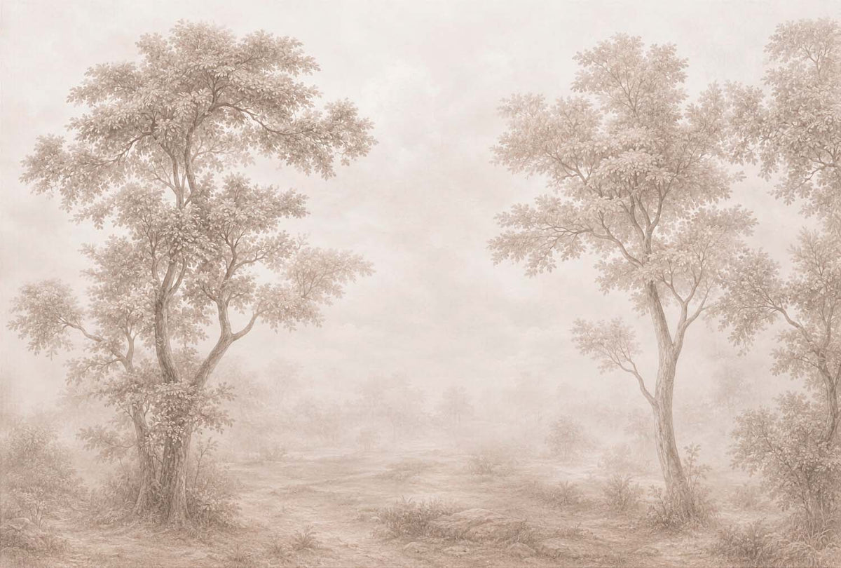 Sepia bomen gravure behang – zacht vintage landschap fotobehang