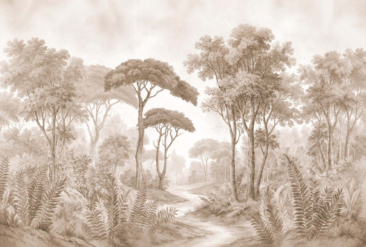 Toile-Tapete Sepia-Dschungel – Gestochene Palmen und Schirmpinien, Wandbild