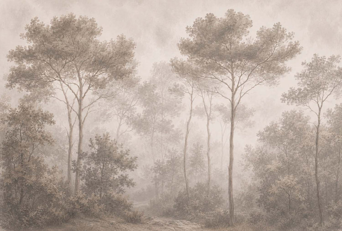 Floresta enevoada cinza – papel de parede com pinheiros-guarda-chuva pictóricos