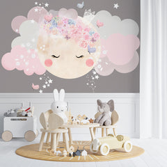 Custom Kids Wall Mural Full Moon Flowers Clouds Wallpaper for Girls