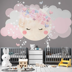 Custom Kids Wall Mural Full Moon Flowers Clouds Wallpaper for Girls