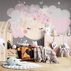 Custom Kids Wall Mural Full Moon Flowers Clouds Wallpaper for Girls