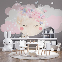 Custom Kids Wall Mural Full Moon Flowers Clouds Wallpaper for Girls