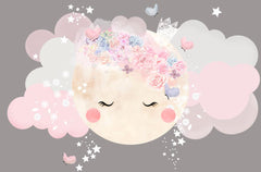 Custom Kids Wall Mural Full Moon Flowers Clouds Wallpaper for Girls