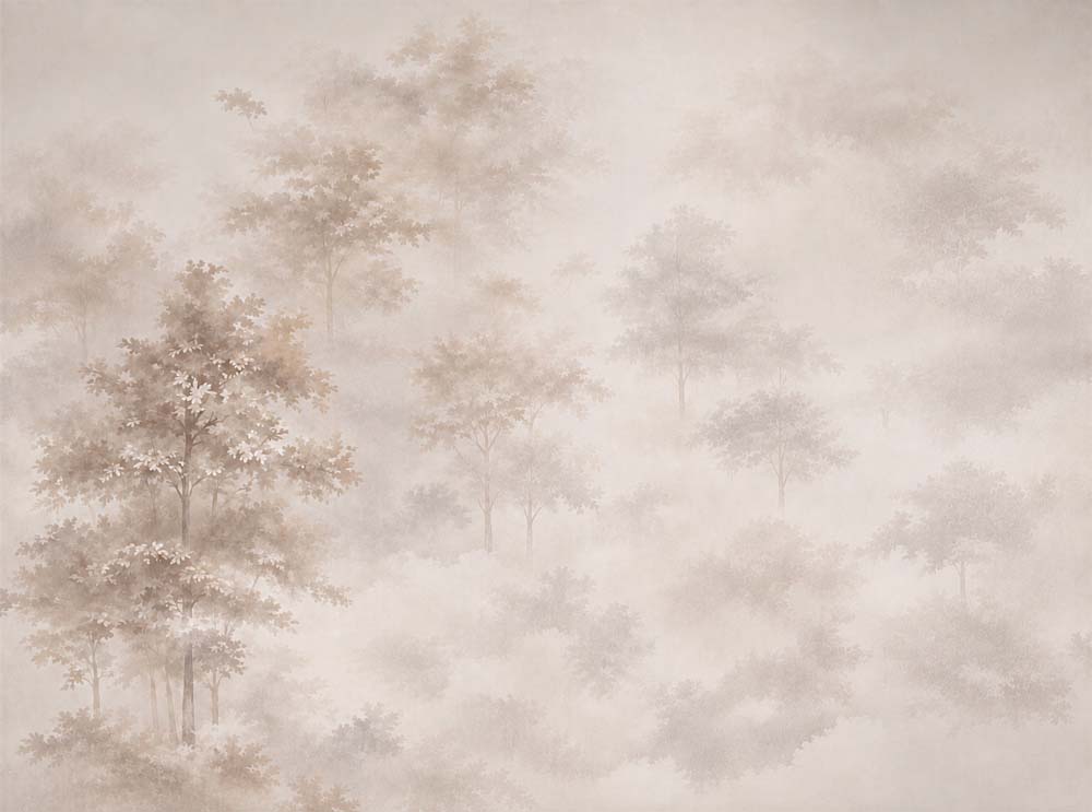 Papier peint arbres brumeux rose pâle – Panoramique forêt douce à l’aquarelle