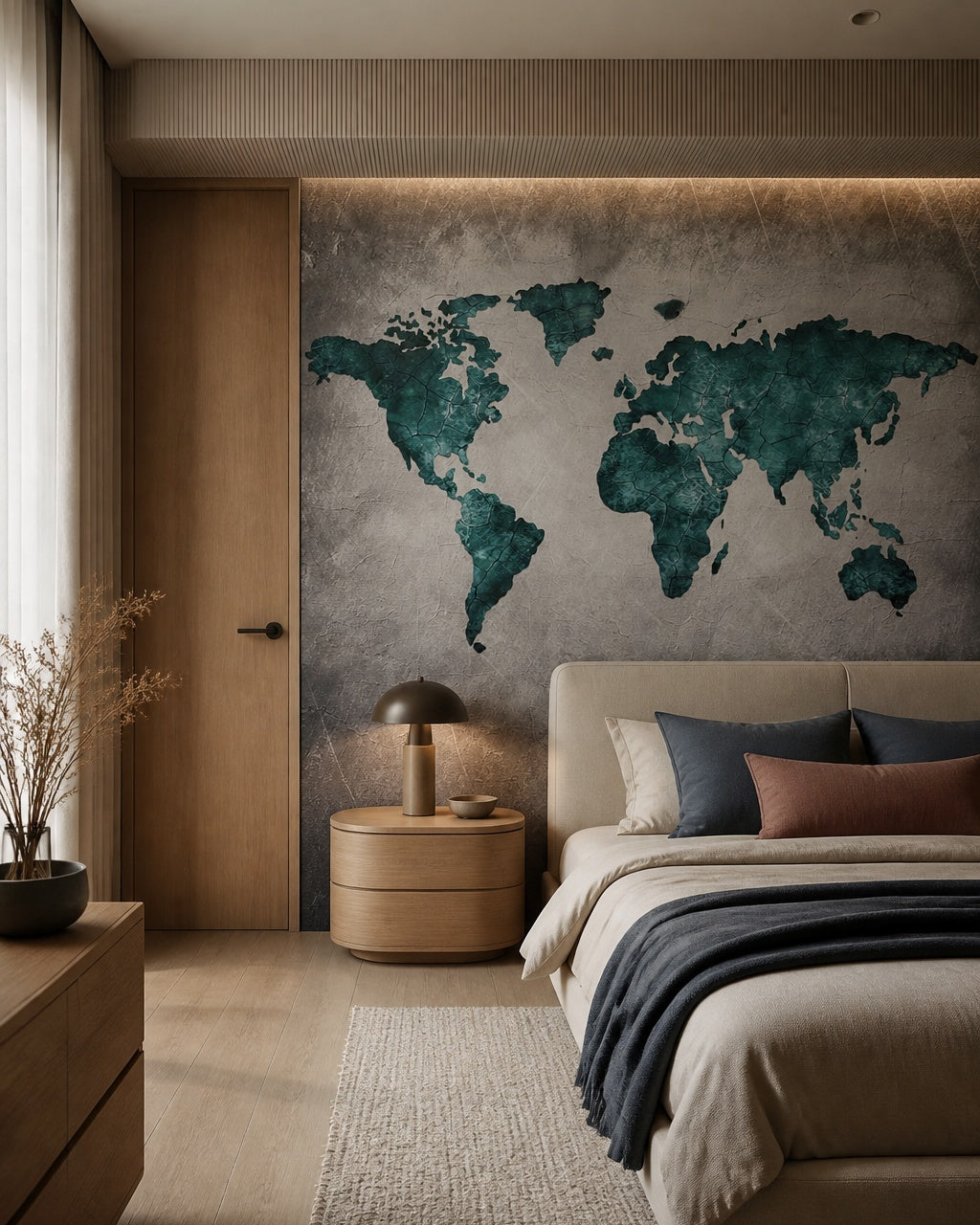 Teal cracked world map wallpaper in a designer bedroom.