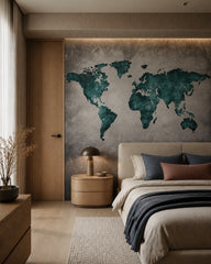 Teal cracked world map wallpaper in a designer bedroom.