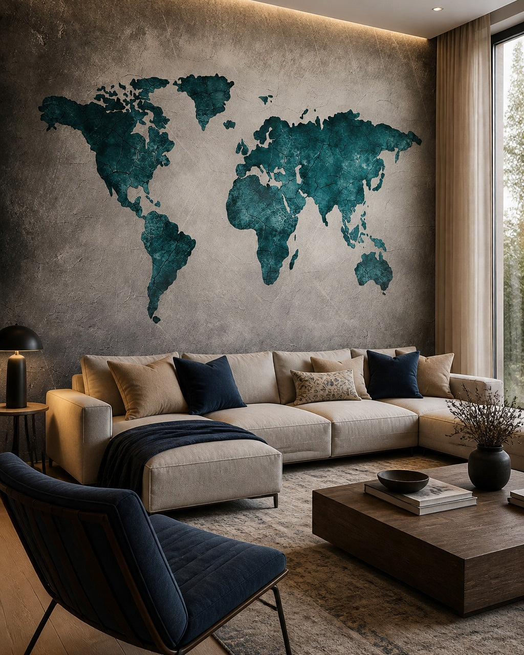 Teal cracked world map wallpaper in a designer living room.