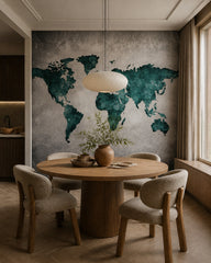 Teal cracked world map wallpaper in a refined dining area.
