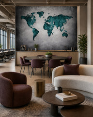 Teal cracked world map wallpaper in a creative office lounge.