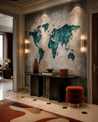 Teal cracked world map wallpaper in a refined foyer.