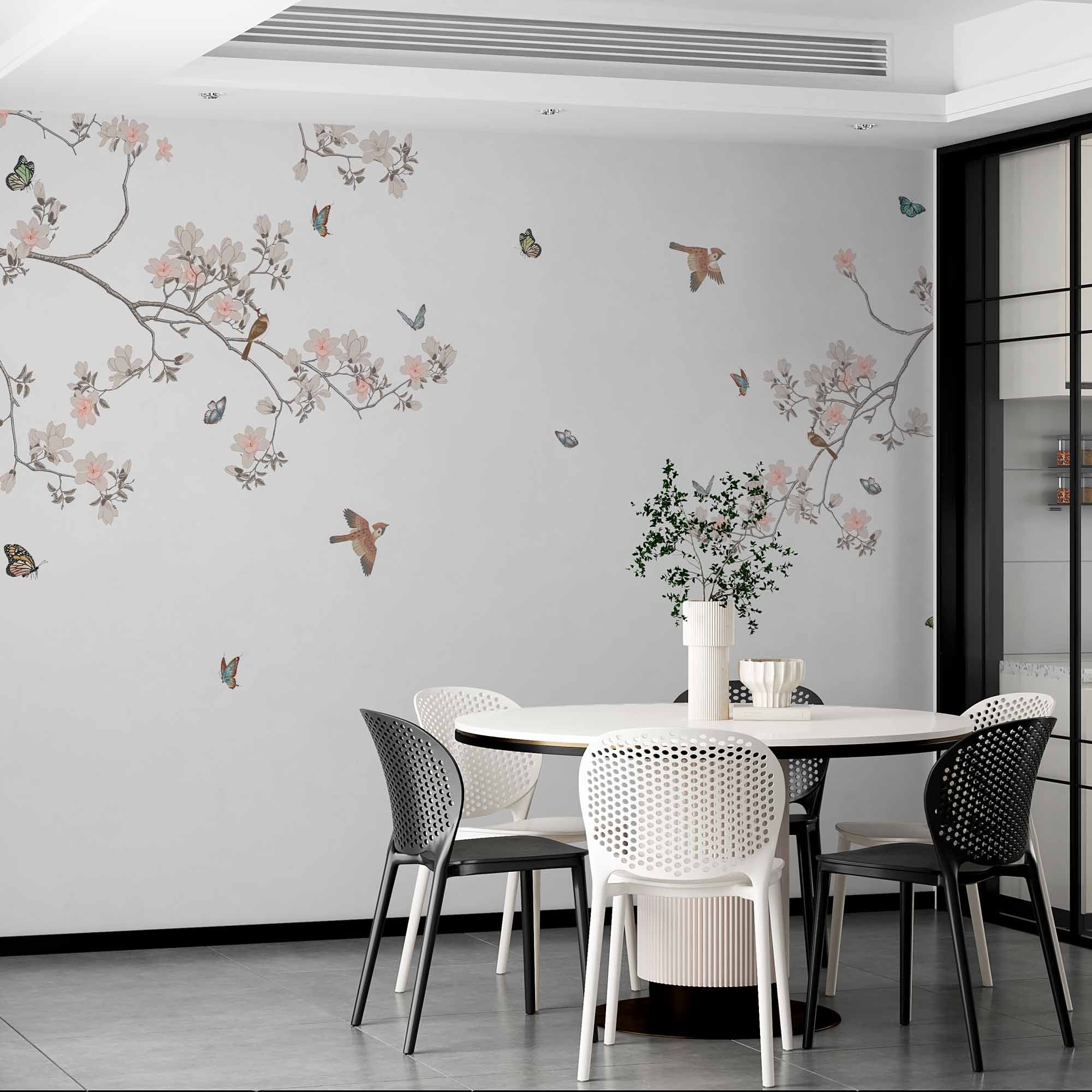 Serene Branches with Birds and Butterflies Wall Mural - Minimalist Floral Wallpaper