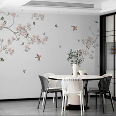 Custom Serene Branches with Birds and Butterflies Wall Mural - Minimalist Floral Wallpaper