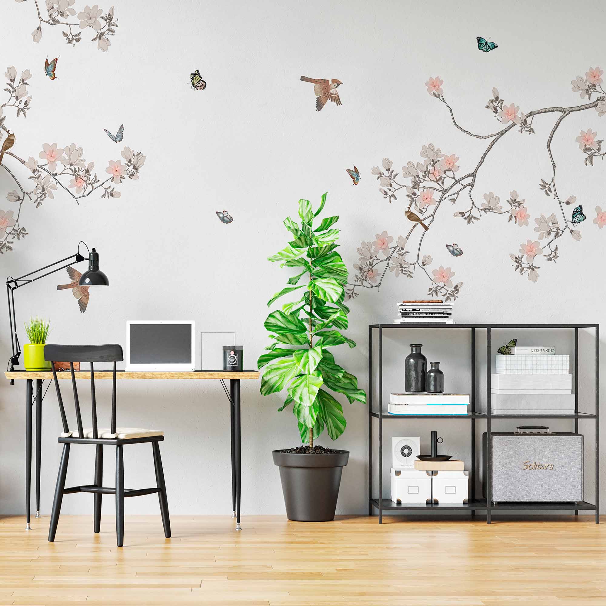 Serene Branches with Birds and Butterflies Wall Mural - Minimalist Floral Wallpaper