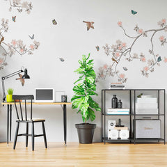 Custom Serene Branches with Birds and Butterflies Wall Mural - Minimalist Floral Wallpaper