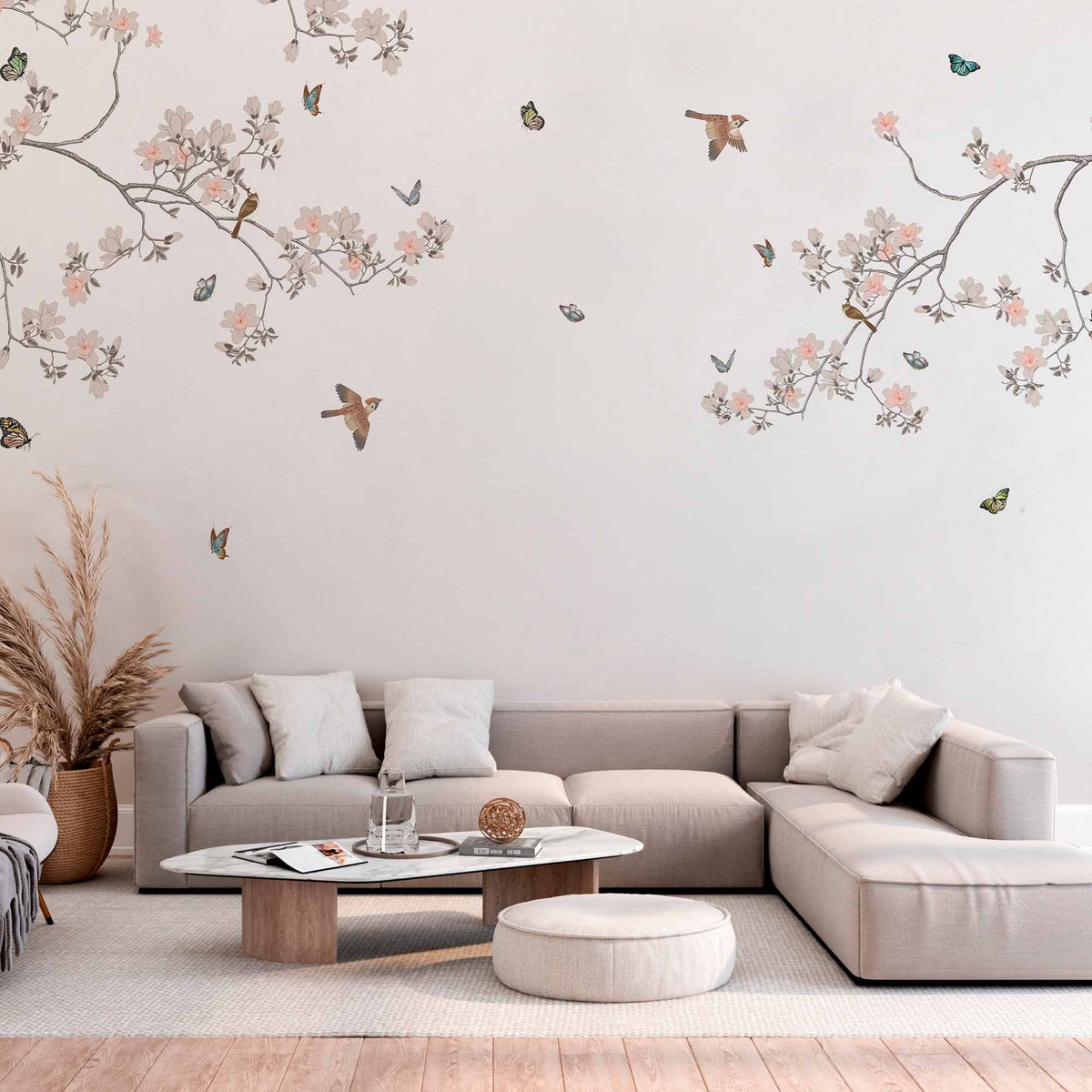 Serene Branches with Birds and Butterflies Wall Mural - Minimalist Floral Wallpaper