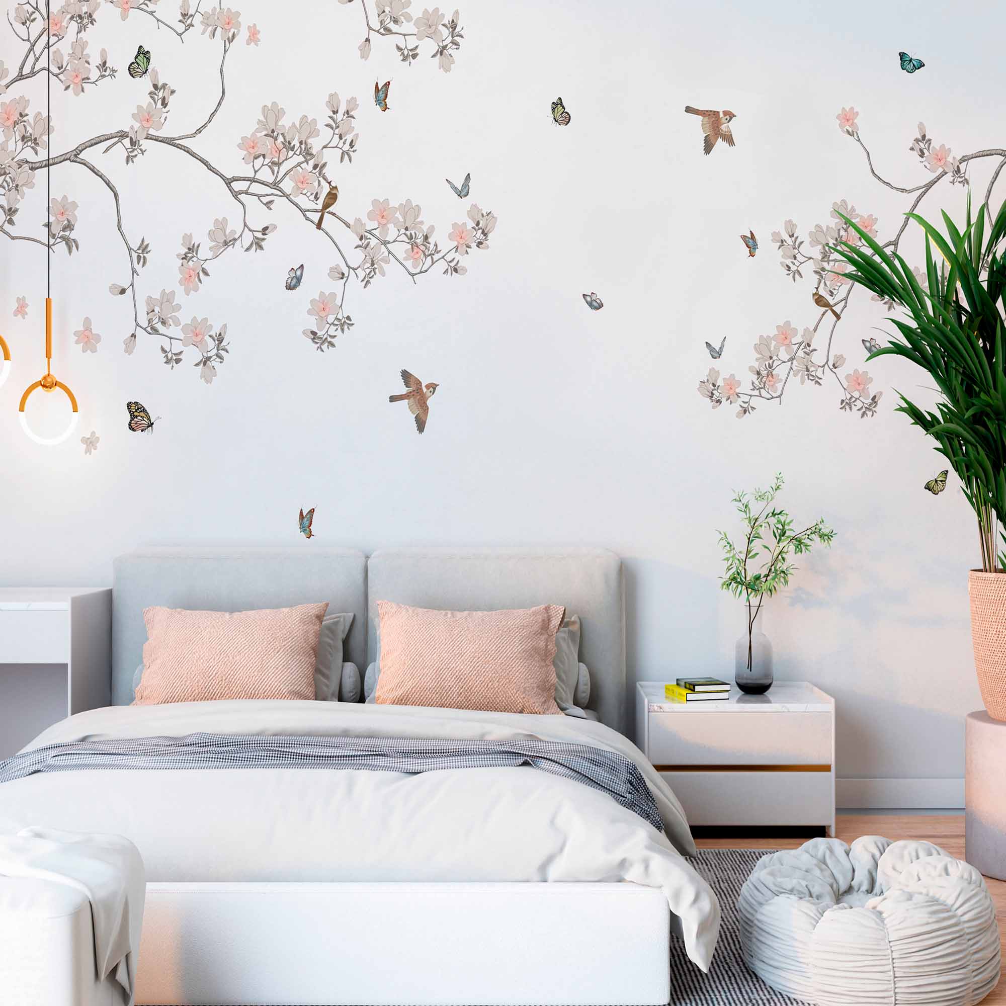 Serene Branches with Birds and Butterflies Wall Mural - Minimalist Floral Wallpaper