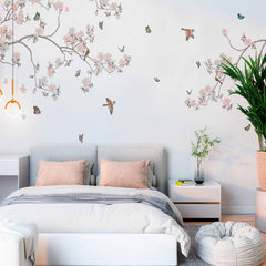 Custom Serene Branches with Birds and Butterflies Wall Mural - Minimalist Floral Wallpaper