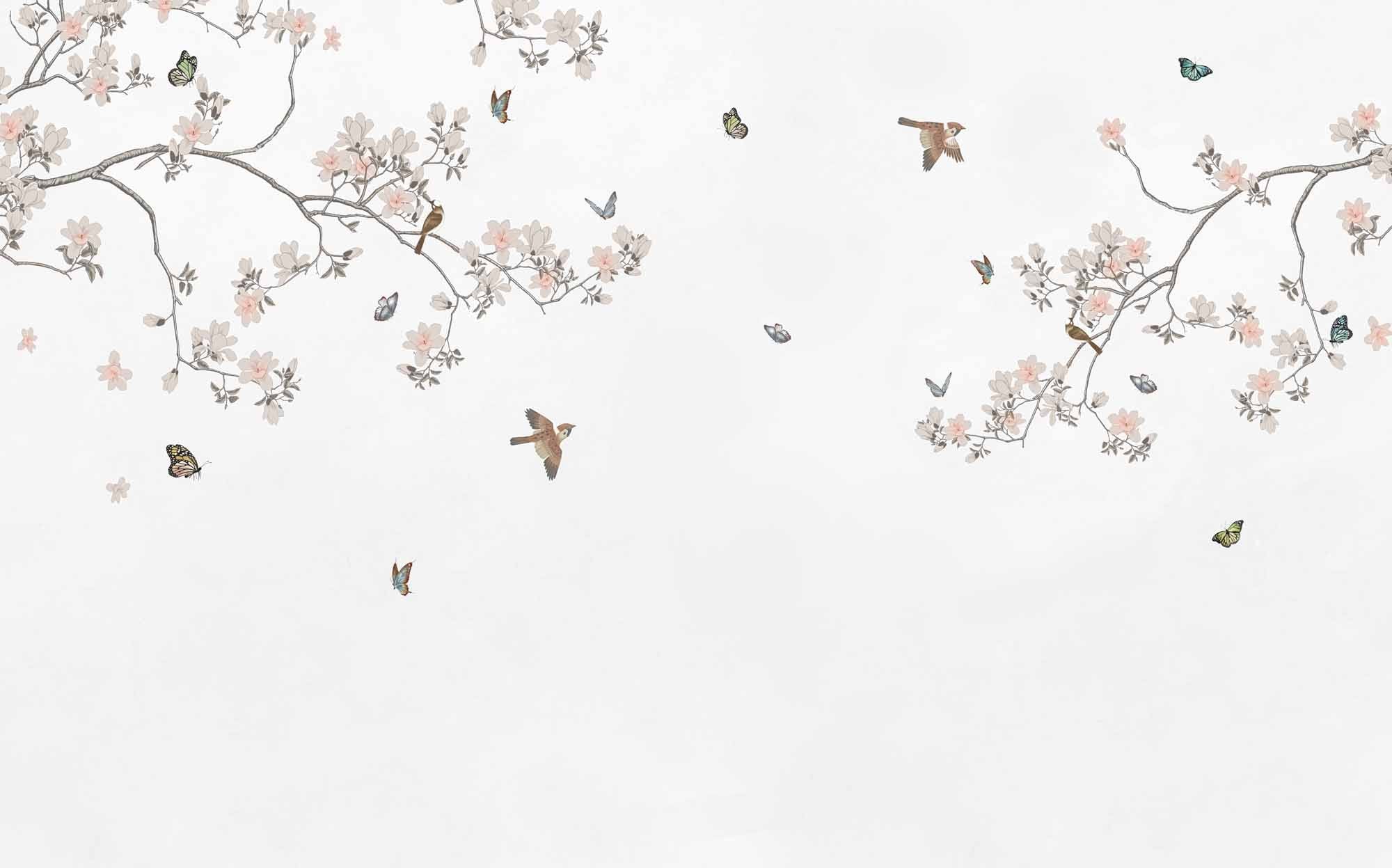 Serene Branches with Birds and Butterflies Wall Mural - Minimalist Floral Wallpaper