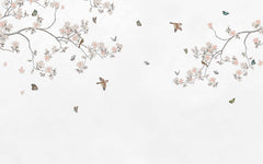 Custom Serene Branches with Birds and Butterflies Wall Mural - Minimalist Floral Wallpaper