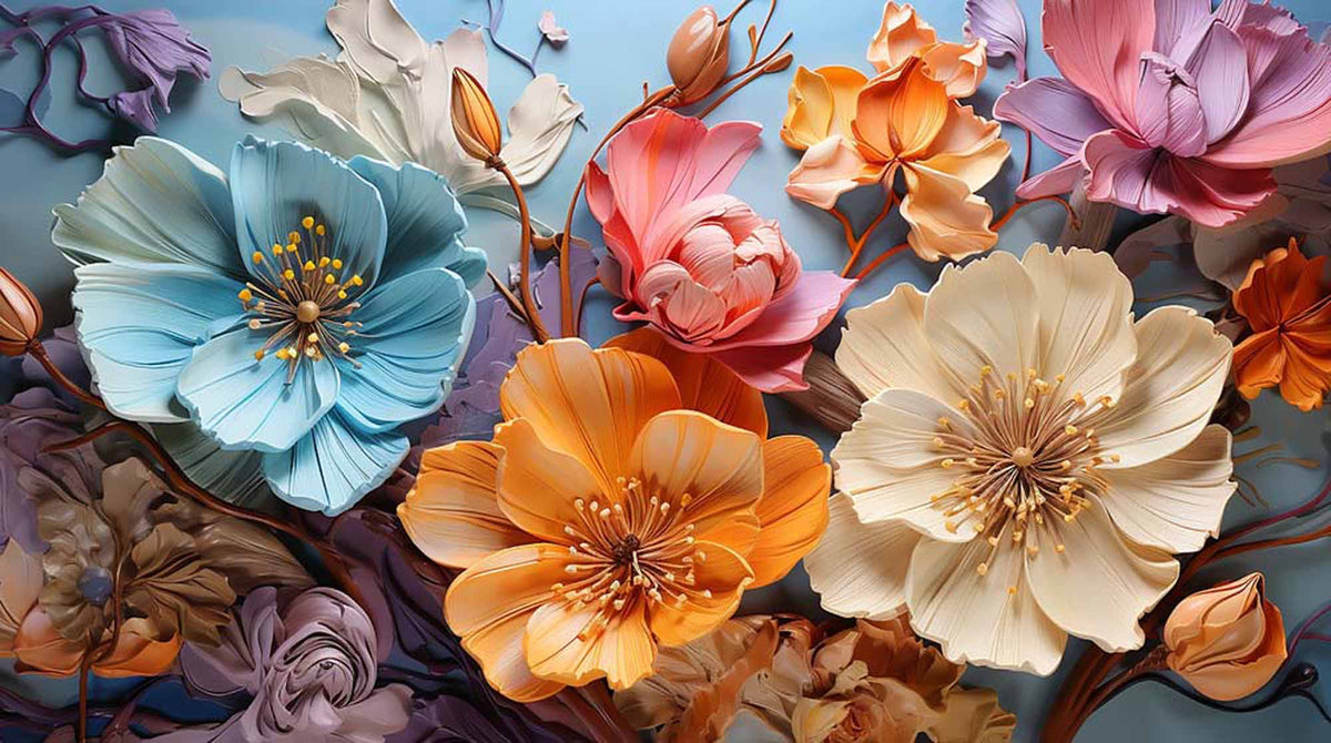 Fototapete 3D-Bunte-Blumen – Plastische Blumen in Blau, Orange und Rosa