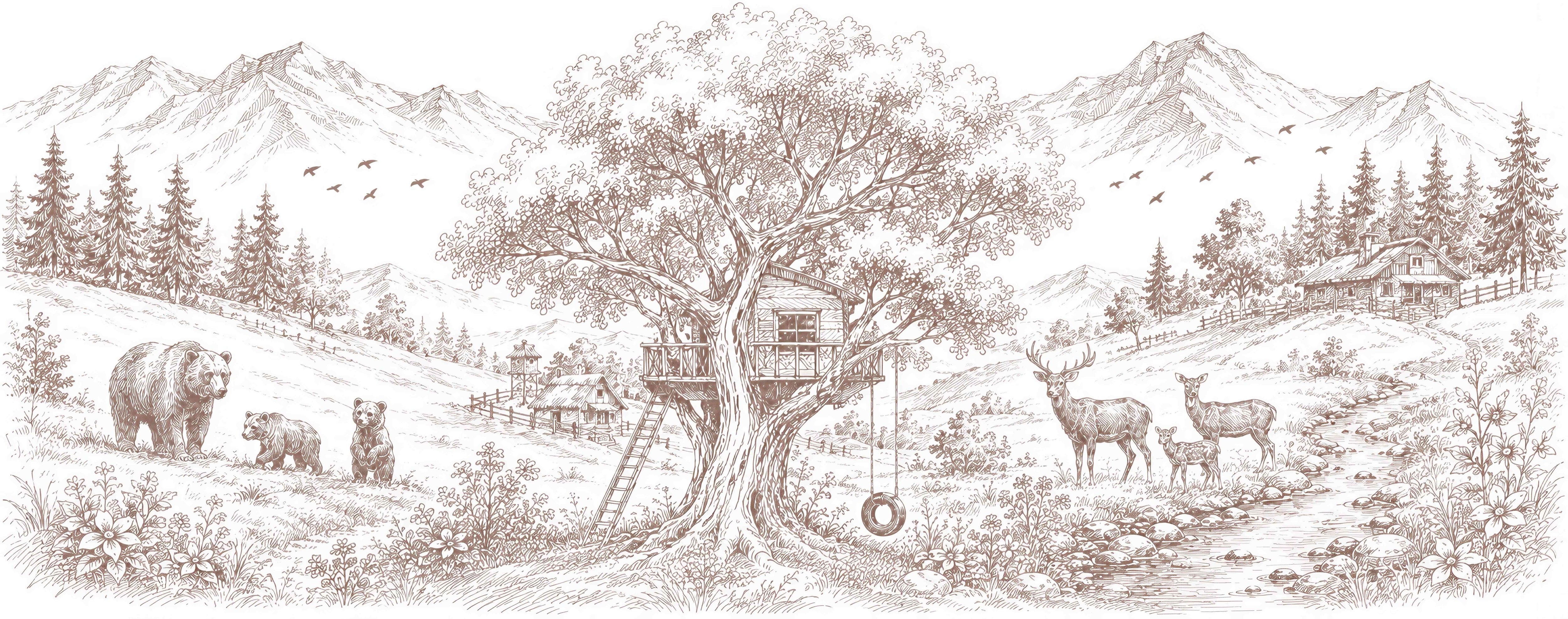 Sepia sketch wallpaper with a big tree, treehouse and tire swing, a bear family, deer, pine forest and mountains.
