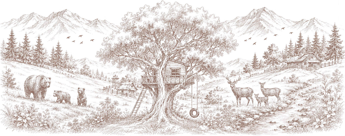 Papier peint forêt sépia – Papier peint panoramique cabane dans les arbres et famille d’ours