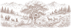 Sepia sketch wallpaper with a big tree, treehouse and tire swing, a bear family, deer, pine forest and mountains.