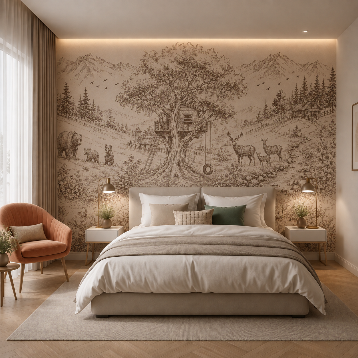 Sepia woodland treehouse wallpaper behind the bed in a warm bedroom.