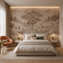 Sepia woodland treehouse wallpaper behind the bed in a warm bedroom.