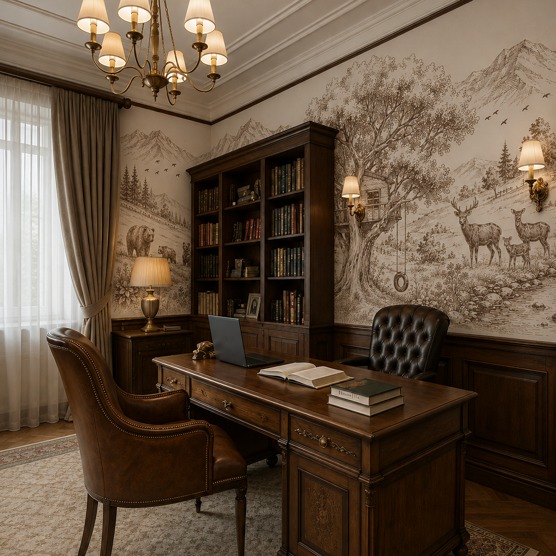 Sepia woodland treehouse wallpaper in a classic study with bookcase and leather chair.