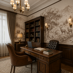 Sepia woodland treehouse wallpaper in a classic study with bookcase and leather chair.