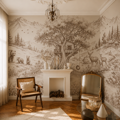 Sepia woodland treehouse wallpaper in a living room with white fireplace.