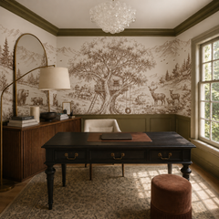 Sepia woodland treehouse wallpaper in a home office with dark wood desk.
