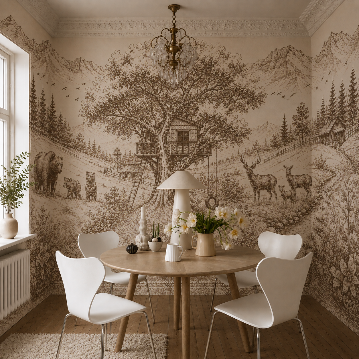 Sepia woodland treehouse wallpaper in a dining nook with round table.
