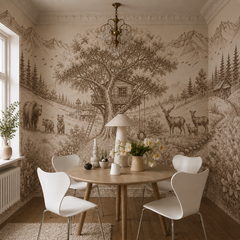 Sepia woodland treehouse wallpaper in a dining nook with round table.